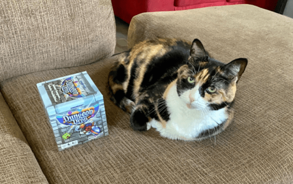 A copy of Dungeon Drop resting on a couch next to a calico cat lying comfortably, creating a playful contrast between the compact game box and the relaxed pet.