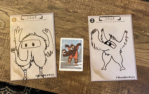 Two additional Mondrawsity drawing prompt cards featuring silly monster drawings, displayed with a small illustrated monster reference card.