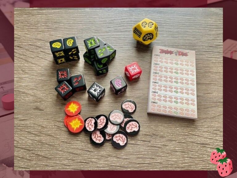 All of the Zombie Dice components are shown including, dice, score pad and tokens.