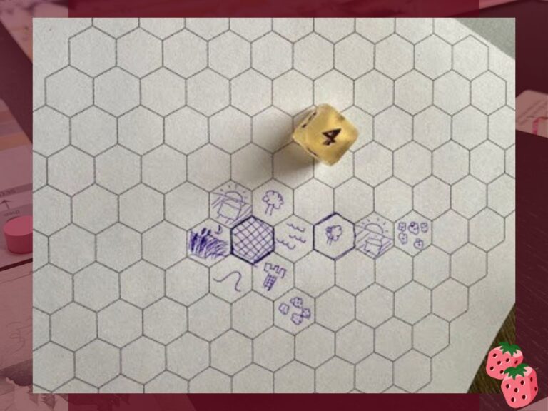 A paper sheet of hexes, some of the hexes are filled in with doodles. a six sided die with a 4 showing on top is on the paper.