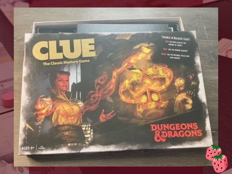 A board game box with the words Clue the Classic Mystery at the top left of the box. The bottom right of the box reads Dungeons and Dragons. The bottom left reads ages 8+. A woman with horns on her head is to the left of box. She holds a gold gem with mist coming off of it, flowing toward the right side of the box.