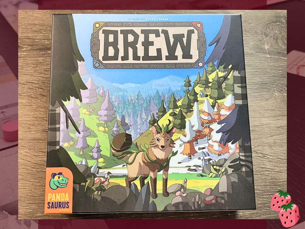 A game board box is featured on a wooden surface. In the bottom left corner, there is a Pandasaurus logo. Featured on the box is an imaginary creature, similar to a fox. The wood scene behind the creature shows elements of all seasons, spring, summer, fall and winter.