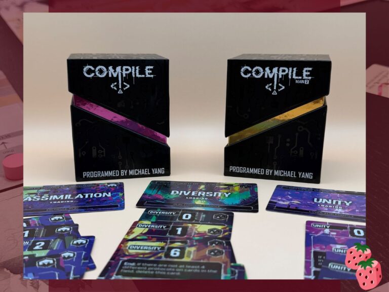 Two boxes for the game Compile set 1 & 2 with protocol cards and their respective command cards underneath. The protocols are assimilation, diversity, and unity.