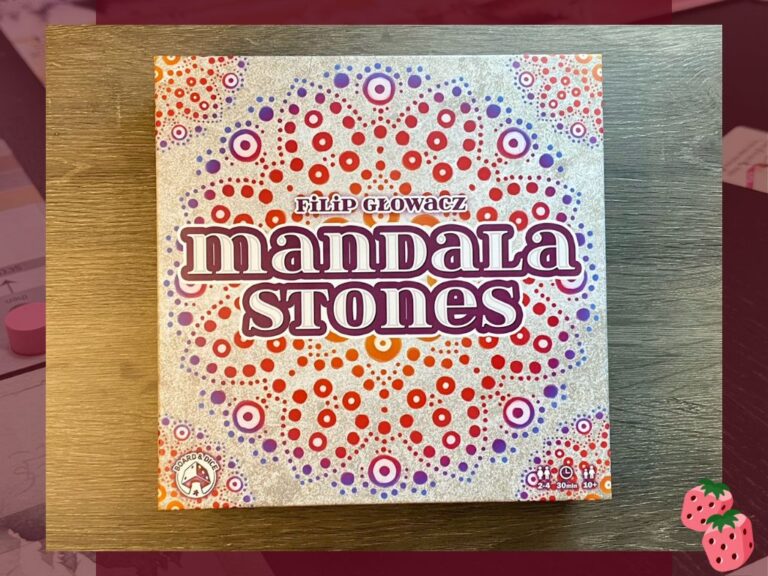 A colorful, symmetric box reads Mandala Stones in the center. Also pictured is the Board & Dice logo in the bottom left corner. In the bottom right corner are icons showing 2-4 players, 30 minute play time and for ages 10+.