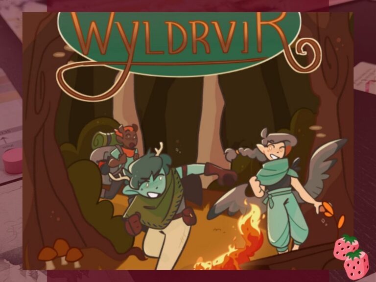 The world of wyldrvir cover art is shown, featuring a logo and 3 humanoid adventurers and a flame fox are running though a mountain passage.