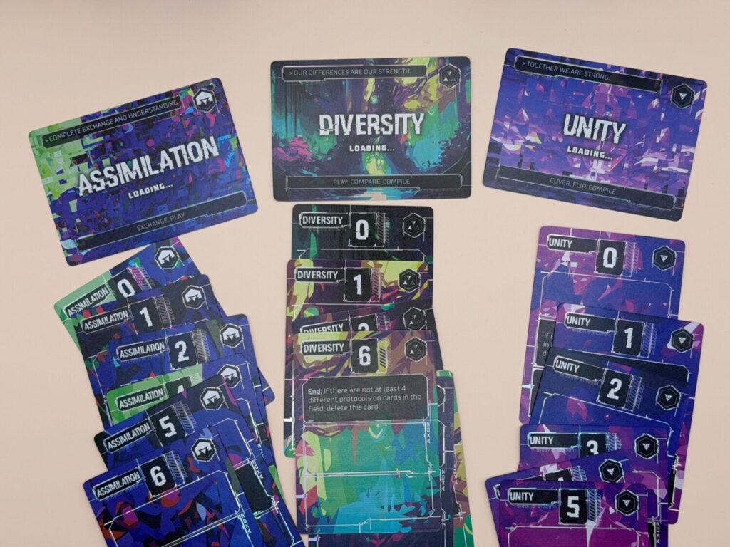 A sample spread of three protocols and their subsequent cards fanned out underneath. The protocols are Assimilation, Diversity, and Unity from the 2nd game's expansion.