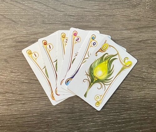 A hand of Enchanted Plums Cards is showing, containing 5 cards. The top card pictures a yellow feather.