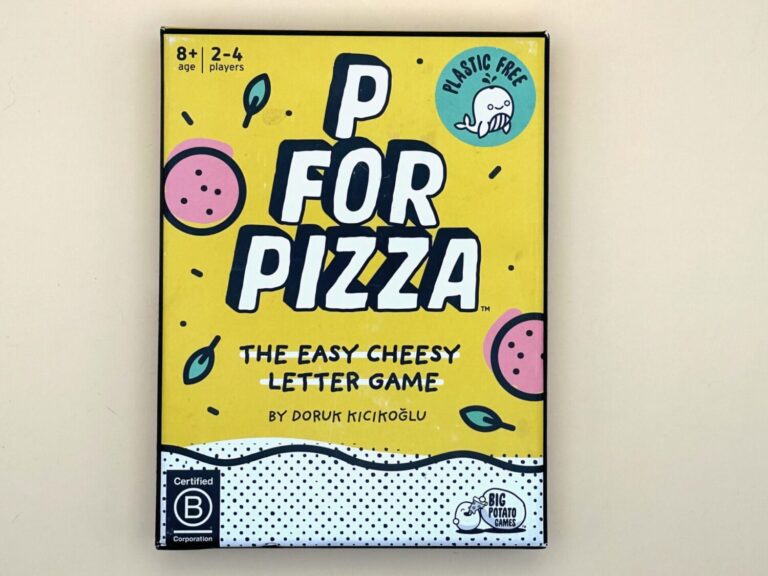 The game box cover for P for Pizza is shown. The box reads The easy, cheesy letter game.