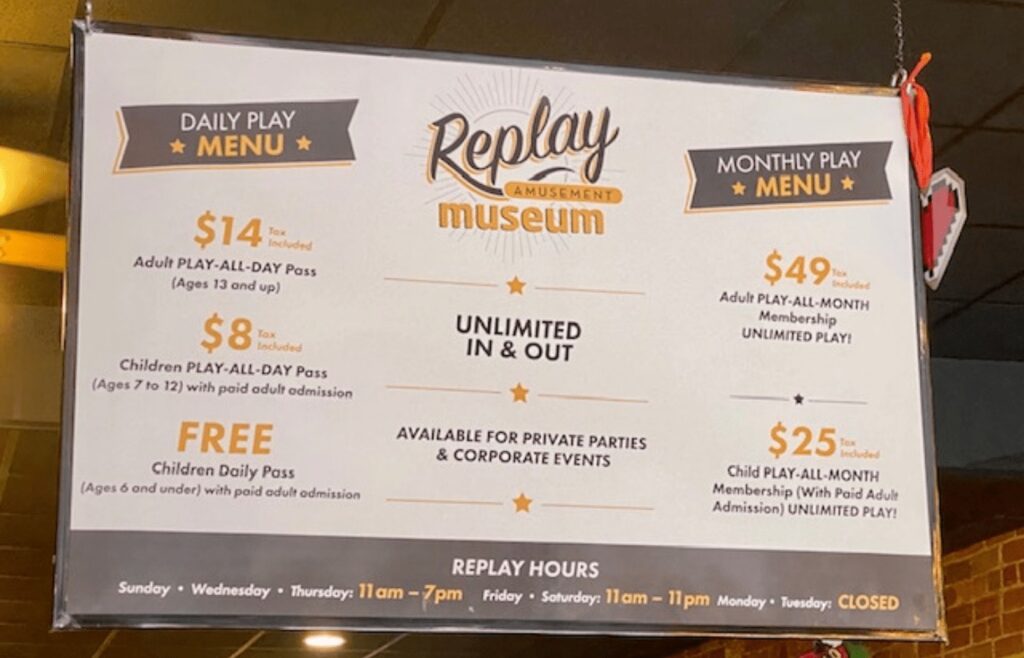 A board showing the different prices for a day, month or annual pass are shown.