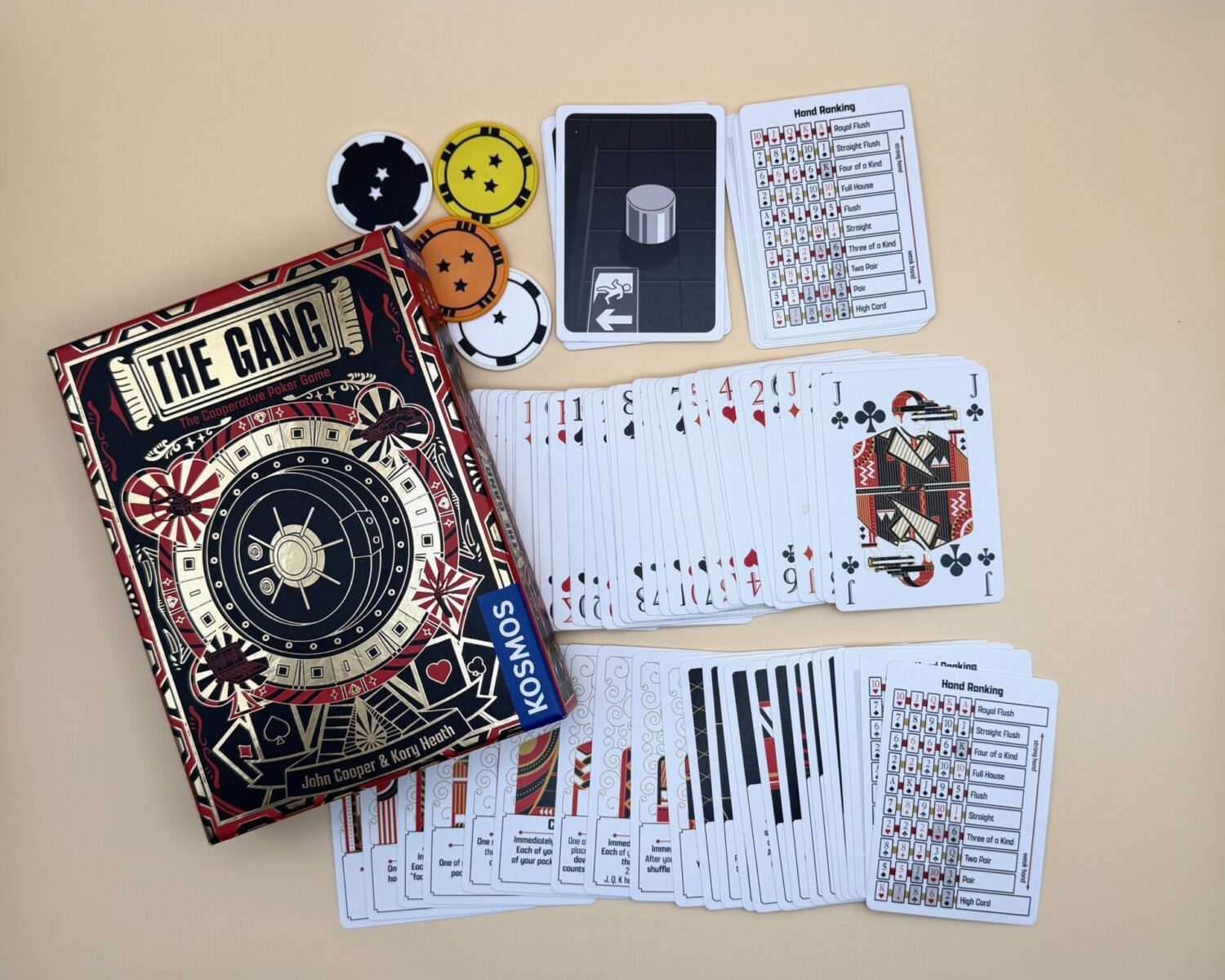 To the left of the frame is a game box labeled The Gang and showing the Kosmos game logo. Pictured on the box is a gold safe, cracked open. The top area of the frame are different colored poker chips with different numbers of stars on them. The rest of the frame is filled with the cards needed to play The Gang and aid cards with hand rankings shown.