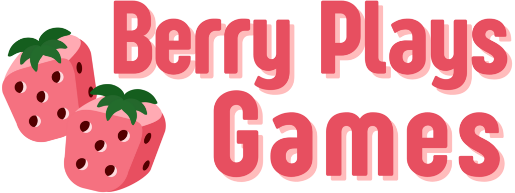 2 dice characterized as strawberries are on the left hand side. words state berry plays games.