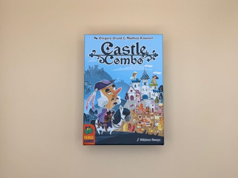 The board game box for Castle Combo is on a blank surface. The icon for Pandasaurus is in the bottom left corner. The picture on the front depicts a fancy courier on a white horse in the foreground, overlooking a village and a castle in the background in a cartoon style.