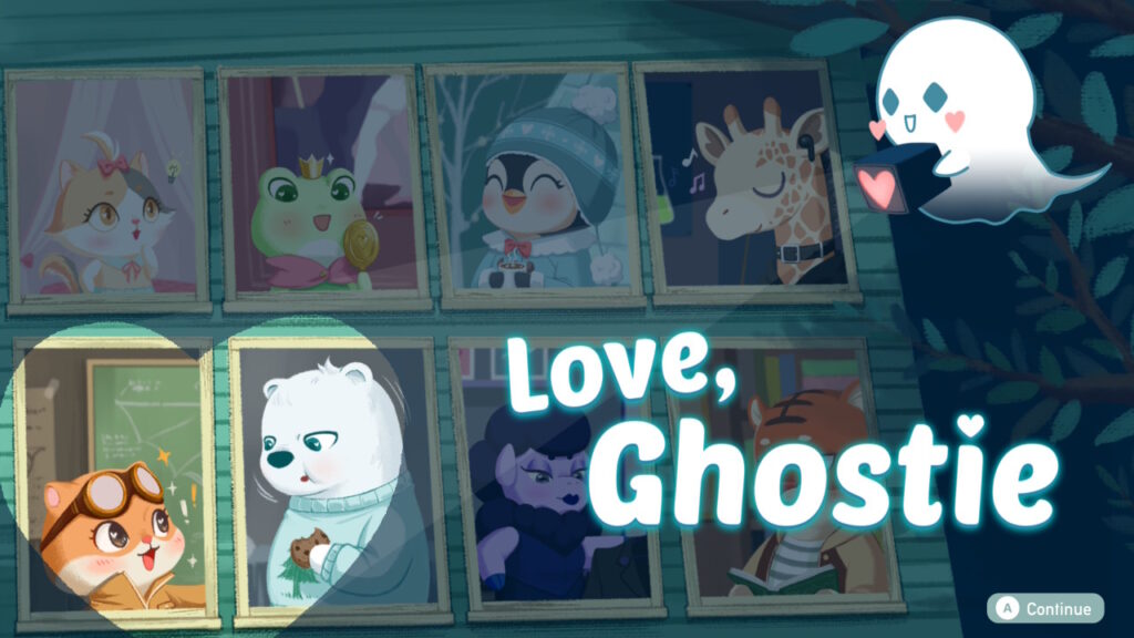 The title screen for Love. Ghostie. A House has 8 windows, each with a different animal character in it. To the tow right is a cartoon ghost, holding a heart light that is shining on two of the windows. In the bottom right corner reads Love, Ghostie.