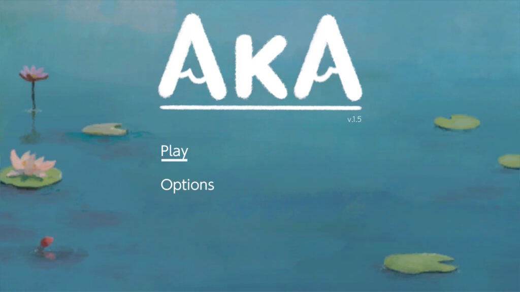The title screen for Aka. The words play and options are on the screen. The background is a lily pond.