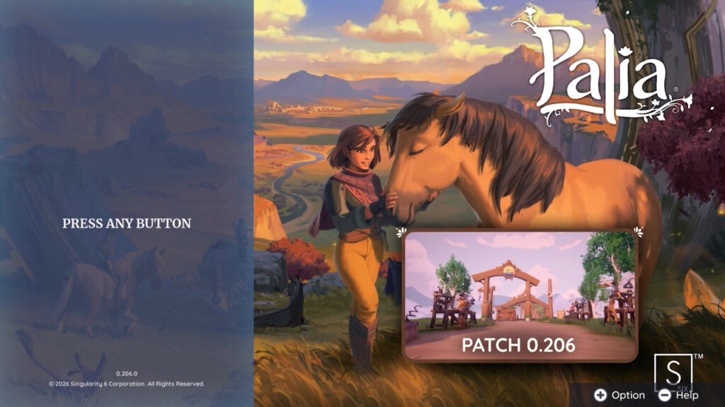 The title screen for Palia. A female presenting human is petting the nose of a horse under the word Palia in front of a mountainous background with a river running through it. To the left it says "press any button." In the right center, a small screen says Patch 0.206.