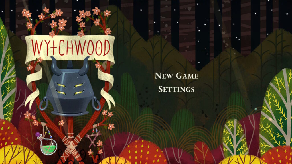 Title screen for Wytchwood. On a woodsy background. To the left, with word Wytchwood is on a banner between two blossoming branches. A cauldron is upside-down on a stick under the sign. A small potion bottle hangs below. In the center the words "new game" and "settings" appear.