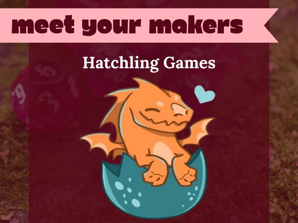 Featured Image for Meet Your Makers Hatchling Games shows An orange dragon wyrm sitting inside of a teal eggshell.