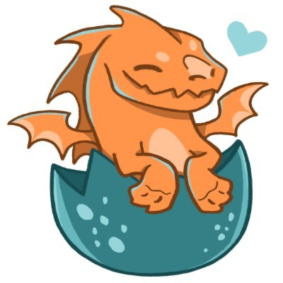 An orange dragon wyrm sits inside of a teal eggshell.