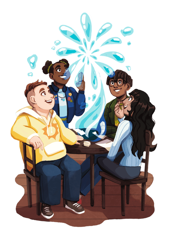 Three seemingly teenage humans sit around a table and one of them performs water magic.