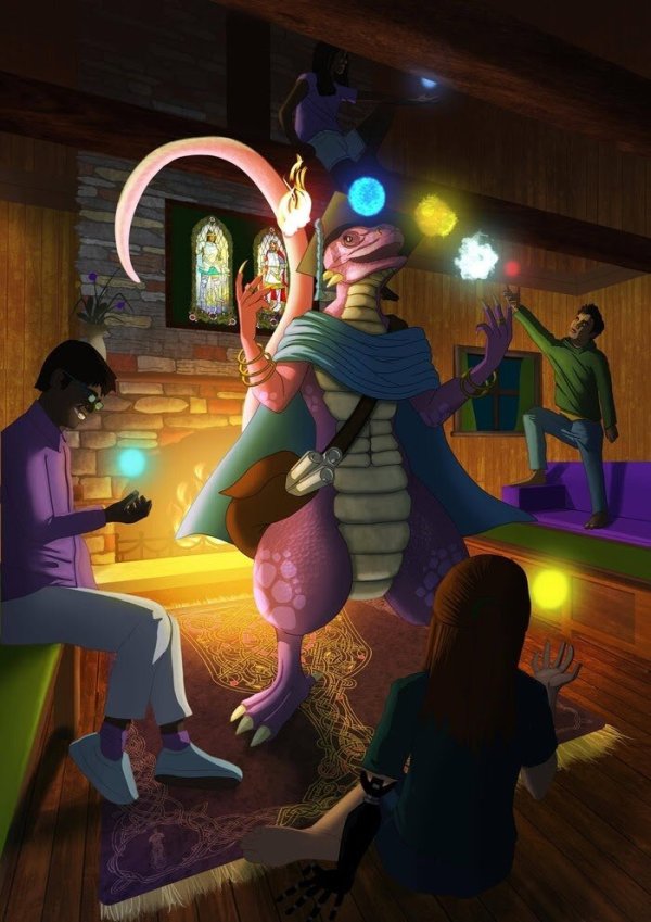 A lizard like creature stands in the middle of a room, in front of a fire place, juggling different colored balls of energy. Four children are around the room, each holding a single ball of energy of their own.