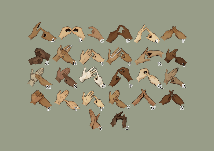 Hands show the different letters of British Sign Language.