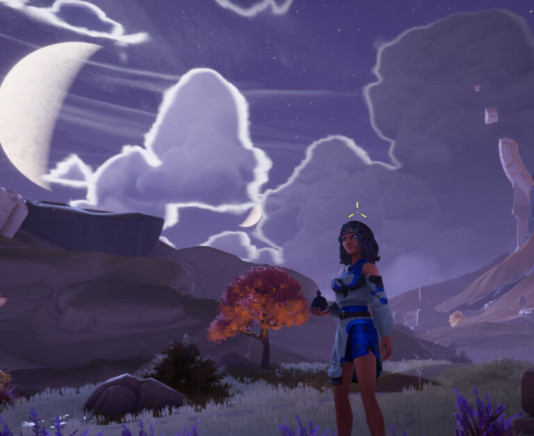 A screenshot from the game Palia shows a human woman to the right holding something ball shaped in her right hand as she turns towards the camera. A tree with red leaves is in the center of the photo. The background shows a rocky. mountainous area under the night sky.