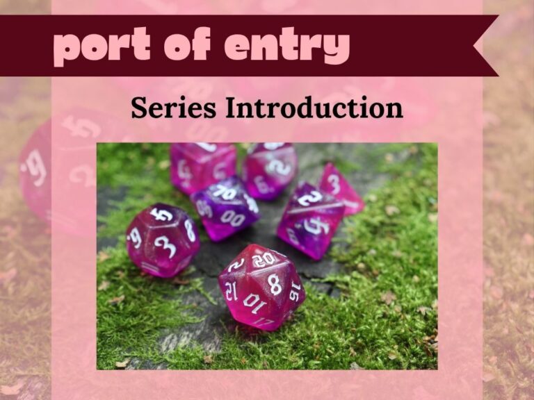 Port of Entry Series Introduction A set of 7 polyhedral dice set on a bed of moss