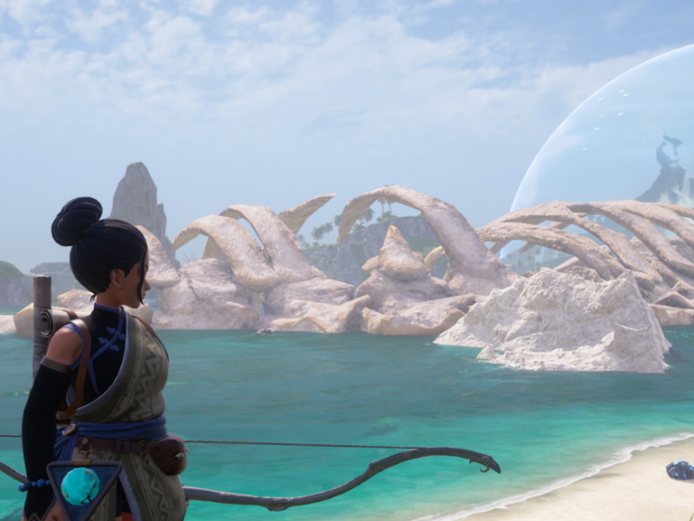 A human female appears in the front left of the image holding a bow. She stands infirm of a beach with a large fossil on the landscape.